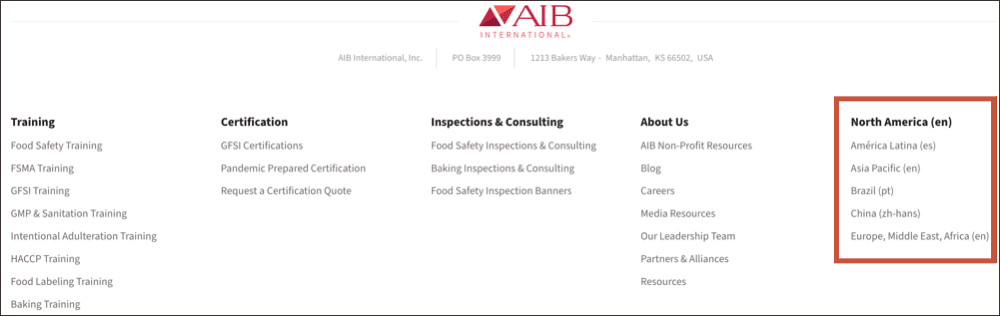 Screenshot of aib international's website showing navigation menu. highlighted is the north america (en) option under global selections.