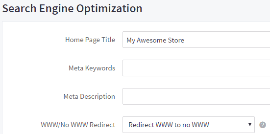 Screenshot of a Search Engine Optimization settings page with fields for Home Page Title, Meta Keywords, Meta Description, and WWW Redirect options.