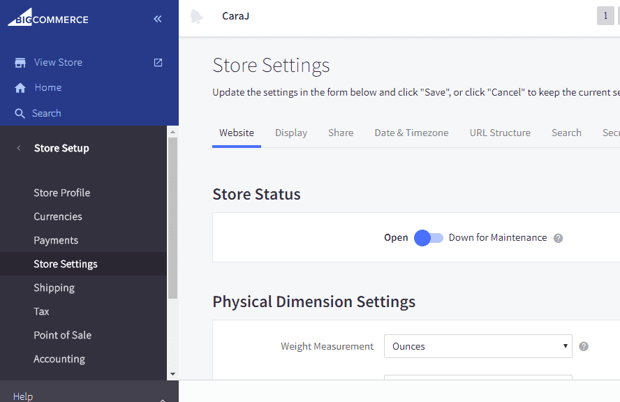 Screenshot of an e-commerce platform's settings page showing options for "Store Status" and "Physical Dimension Settings" with dropdown menus for status and measurement units.