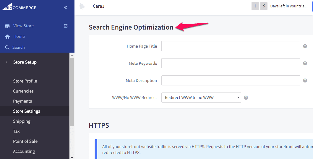 Screenshot of a web interface focused on "Search Engine Optimization" settings featuring fields for Meta Keywords and Meta Description with a red arrow pointing at the title.