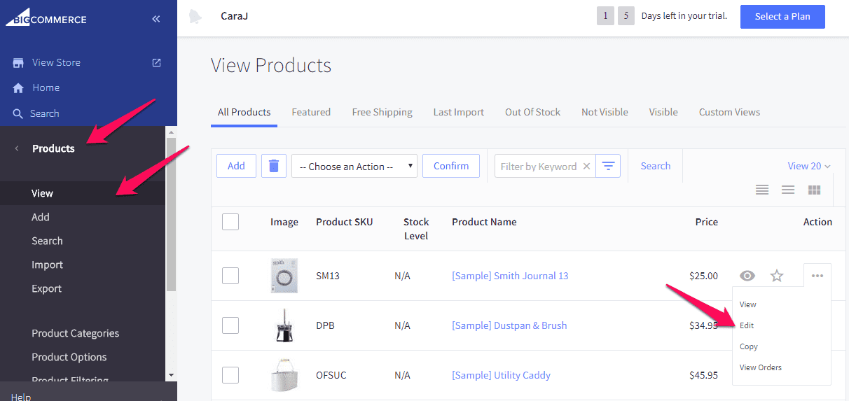 Screenshot of an eCommerce platform interface highlighting the "Products" section on the left and individual product prices on the right.
