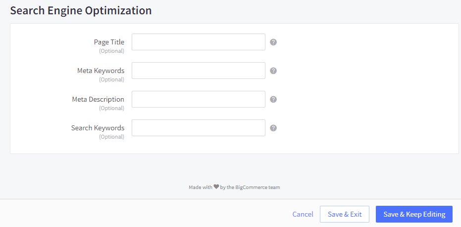 Screenshot of a Search Engine Optimization form with fields for Page Title, Meta Keywords, Meta Description, and Search Keywords, including "Cancel," "Save & Exit," and "Save & Keep Editing" buttons.