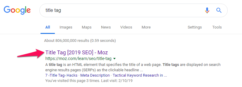 Google search results page highlighting a link titled "Title Tag [2019] SEO - Moz" with a red arrow pointing to it.