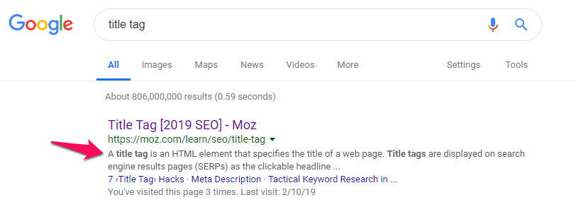 Screenshot of a Google search result highlighting the title tag example from Moz website explaining the HTML element's function in SEO.