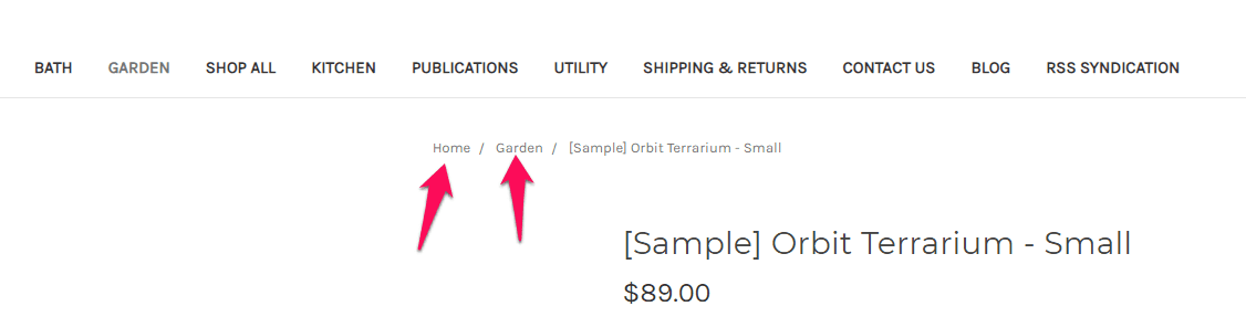 Screenshot of a website product page featuring a "Sample Orbit Terrarium - Small" priced at $89.00, with pink arrows pointing to the breadcrumb navigation.