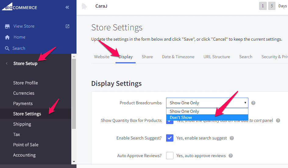 Screenshot of a BigCommerce interface highlighting the 'Store Settings' menu with expanded 'Display Settings' section, showing options for 'Product Breadcrumbs'.