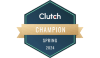 Hexagonal badge with "Clutch Champion Spring 2024" written on it, featuring a blue background and a gold ribbon banner.
