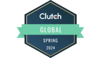 A hexagonal badge with the words "Clutch Global Spring 2024" in white and green text on a dark background.