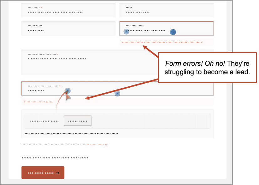 A form submission screen with several error messages highlighted, indicating issues preventing successful submission. Text box says, "Form errors! Oh no! They're struggling to become a lead.