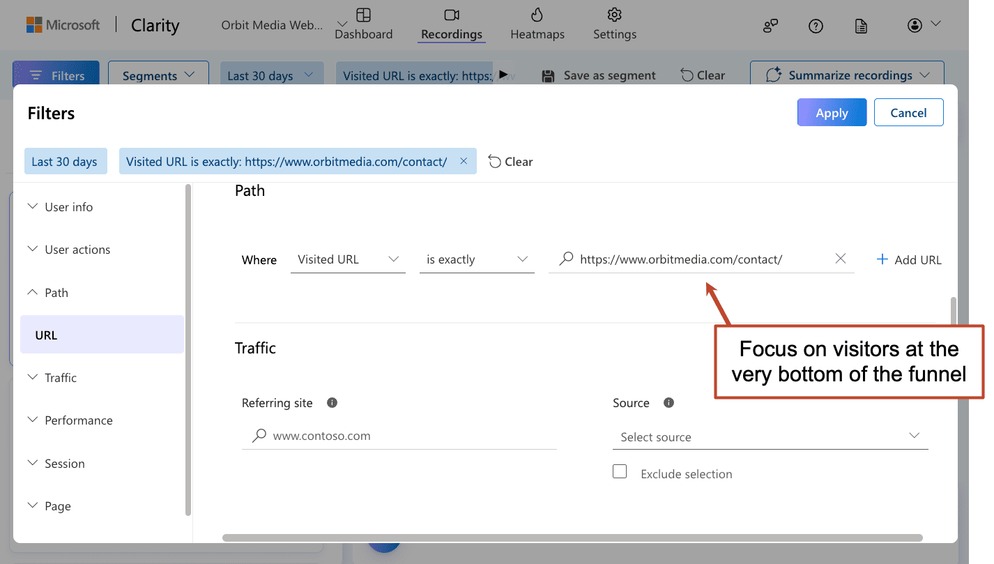 Screenshot of Microsoft Clarity dashboard showing URL filter settings, highlighting visits to "https://www.orbitmedia.com/contact/" and emphasizing a focus on visitors at the bottom of the funnel.