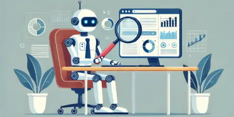 A robot sits at a desk holding a magnifying glass, examining graphs and charts displayed on a computer monitor.