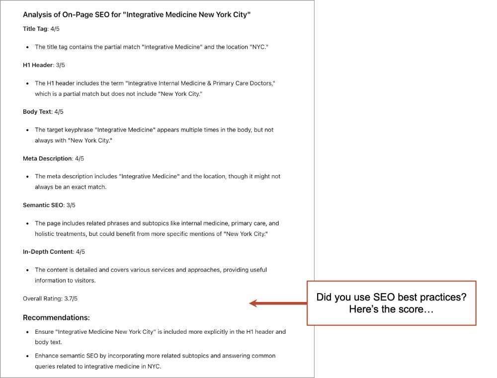 A typed document titled "Analysis of On-Page SEO for 'Integrative Medicine New York City'" with detailed sections and scores for Title Tag, H1 Header, Body Text, Meta Description, Semantic SEO, In-Depth Content, and Overall Rating.