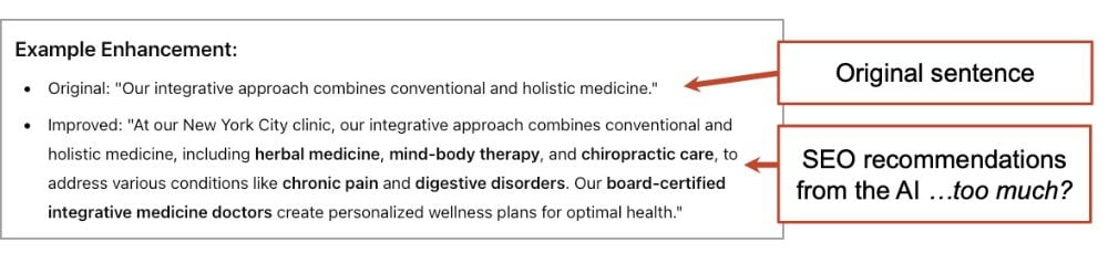 Text example showing how to improve a sentence for SEO by adding terms such as "herbal medicine," "mind-body therapy," and "chiropractic care" to better address conditions like chronic pain and digestive disorders.