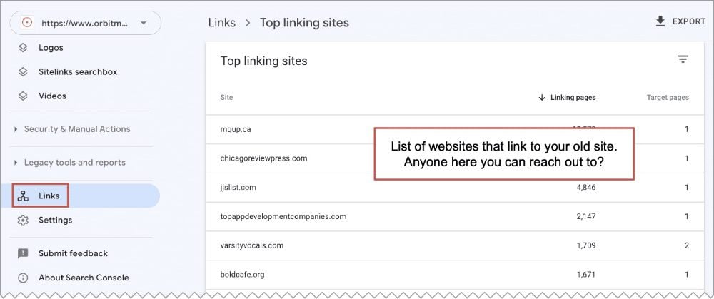 A report titled "Top linking sites" shows a list of websites that link to your old site, displayed in a table with the site names, linking pages, and target pages. A note asks if anyone can be contacted.