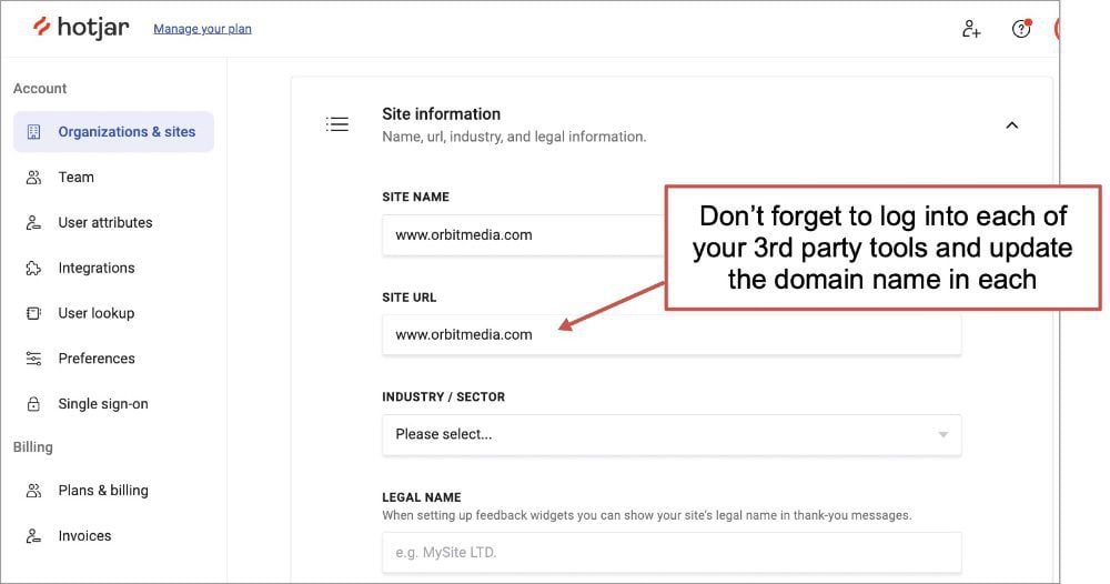 Screenshot of a Hotjar settings page showing the Site information section with fields for Site name, Site URL, Industry/Sector, and Legal name. A note advises to update domain names in third-party tools.