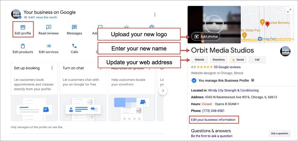 Google My Business profile interface showing sections for updating profile, adding photos, and editing business information. Options include setting hours, uploading a profile picture, and entering business details.