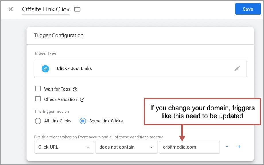 A browser window shows a "Trigger Configuration" setup for "Offsite Link Click" with details and an instruction to update triggers if the domain changes, highlighting "orbitedmedia.com" in a text field.