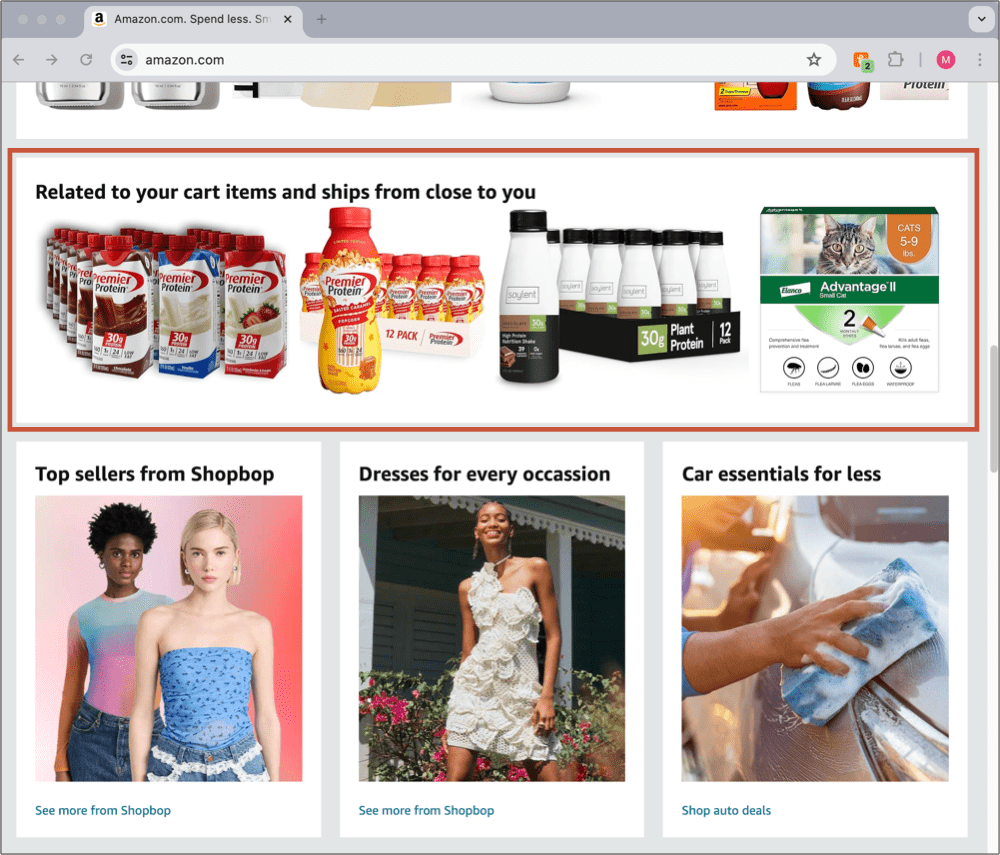 A webpage displays related shopping items, including drinks and pet products. Below, three sections showcase top sellers from Shopbop, dresses, and car essentials.