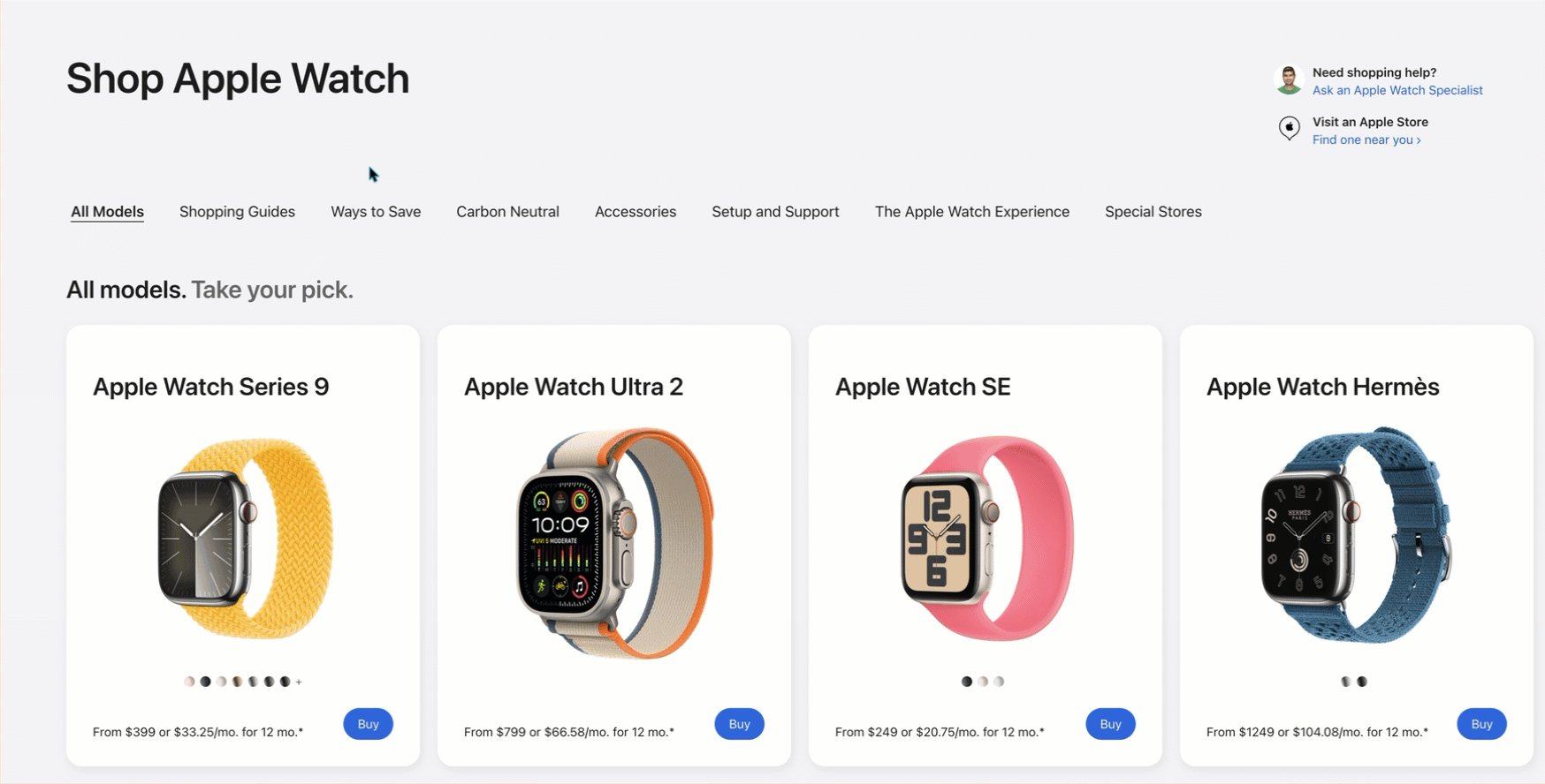 Webpage for shopping Apple Watch models. Displaying options: Apple Watch Series 9, Apple Watch Ultra 2, Apple Watch SE, and Apple Watch Hermès with prices and 'Buy' buttons beneath each model.