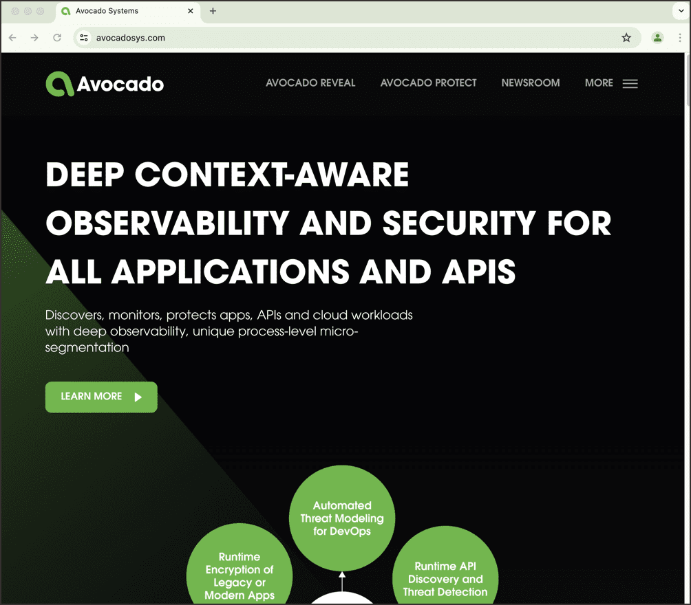 Screenshot of Avocado Systems website. The page displays a headline about observability and security for applications and APIs, along with a navigation bar, a green "Learn More" button, and additional content sections.