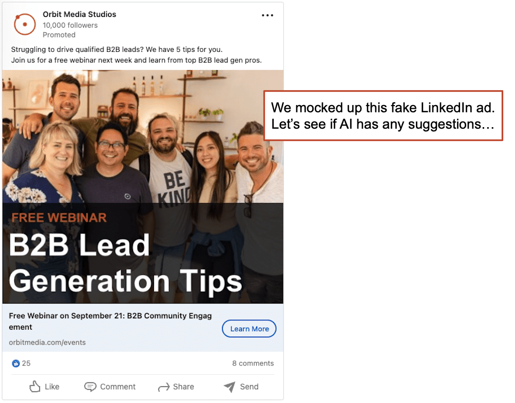 A group of people posing together in a LinkedIn ad promoting a free webinar on B2B lead generation tips by Orbit Media Studios.