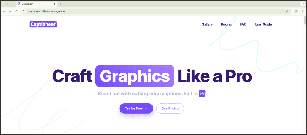 Screenshot of Captioneer's homepage displaying the slogan "Craft Graphics Like a Pro" with options for "Try for Free" and "See Pricing." The navigation bar includes links to Gallery, Pricing, FAQ, and User Guide.