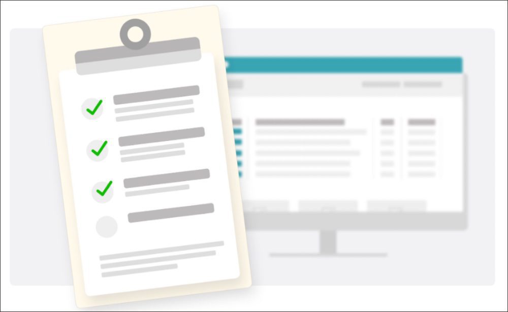 Illustration of a checklist on a clipboard with green check marks next to items, positioned in front of a blurred computer screen displaying data.