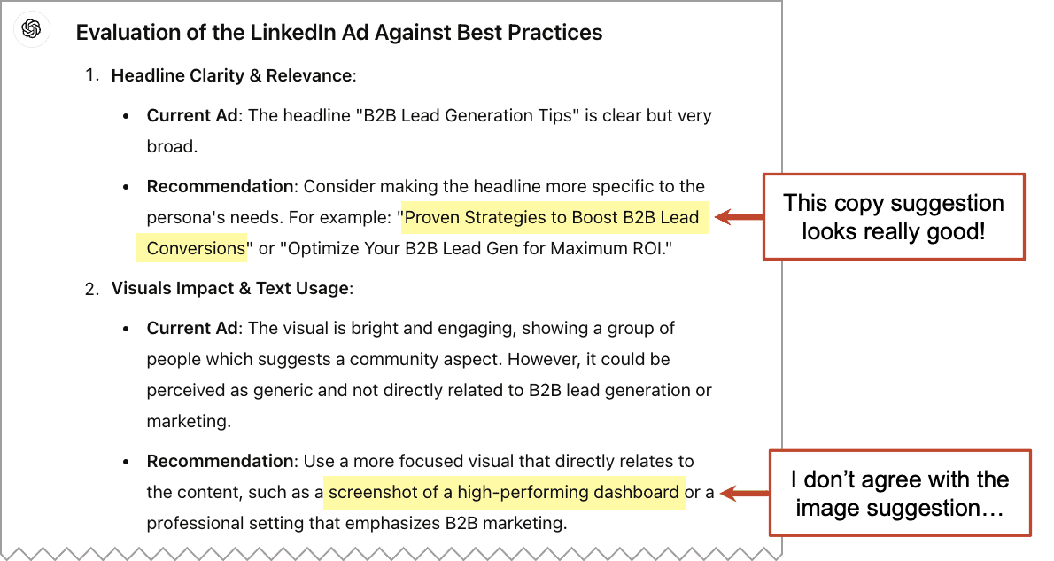 Evaluation of the LinkedIn Ad Against Best Practices document screenshot with highlighted text and comments on headline clarity, visual impact, and recommendation for a focused visual.