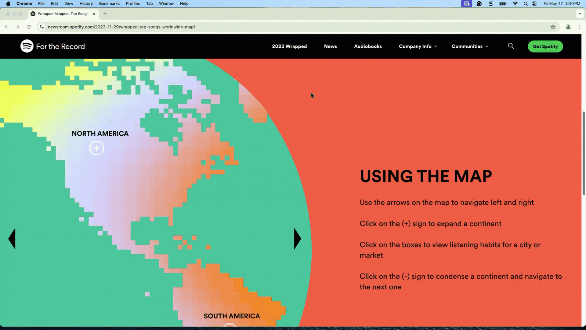 A pixelated map of North and South America is shown on the left, with instructions for navigating the map on the right against an orange background.