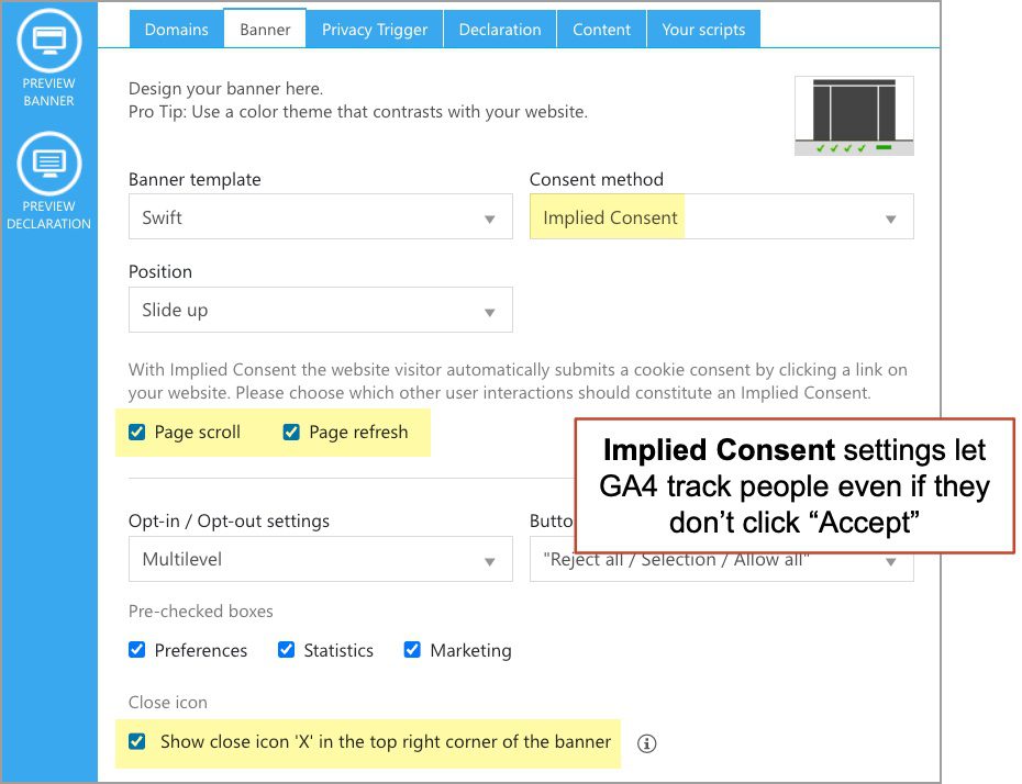 Screenshot of a website settings page showing banner options and a highlighted note stating that Implied Consent settings enable GA4 tracking even without user acceptance.