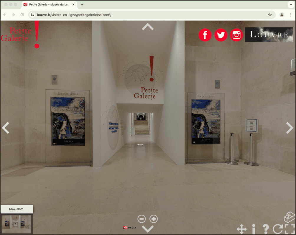 A virtual tour view of the Petite Galerie entrance at the Louvre Museum, showing exhibition posters on both sides, with a clean and minimalist design in neutral tones.