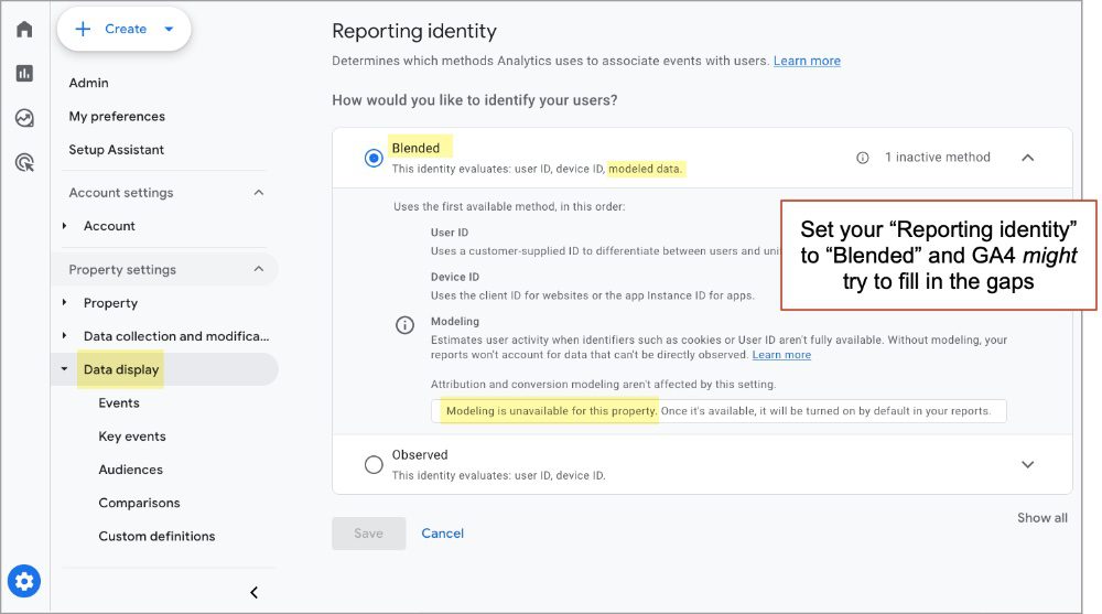 Google Analytics Reporting Identity settings page, showing options "Blended," "Device ID," and "Observed." The "Blended" option is highlighted with an info box suggesting it may fill in data gaps.