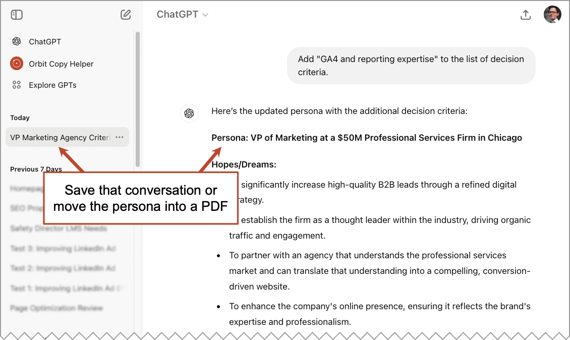 A screenshot of a chat interface discussing a persona titled "VP of Marketing at a $50M Professional Services Firm in Chicago." A note on saving the persona as a PDF is highlighted.