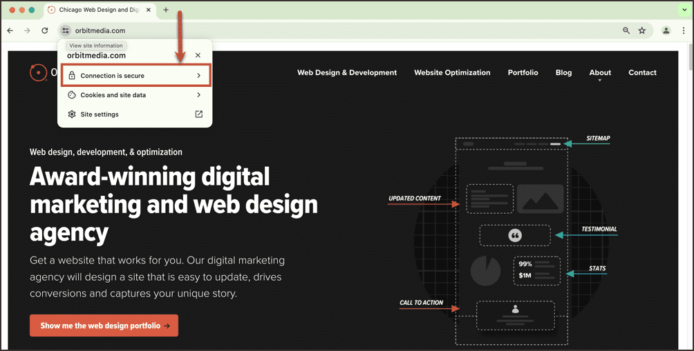 A webpage with the header "Award-winning digital marketing and web design agency" and a menu showing "Connection is secure." Various elements like updated content, call to action, and testimonial are highlighted.