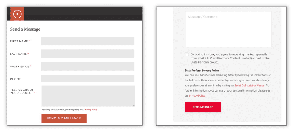 A contact form with fields for first name, last name, work email, a project message box, a checkbox to opt-in for marketing emails, a privacy policy link, and a red "SEND MESSAGE" button.