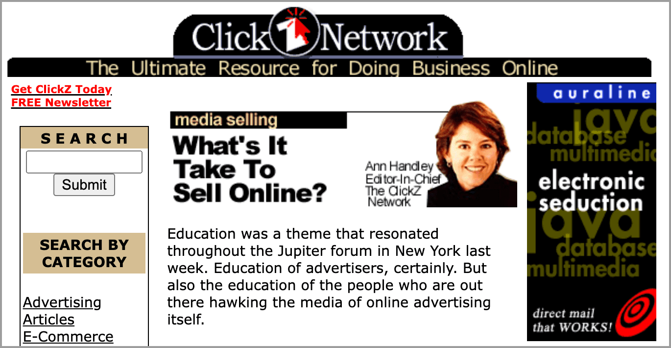 A webpage featuring "ClickZ Network" with a headline "What's It Take To Sell Online?" and a photo of a woman. Additional text mentions a focus on education for advertisers and sellers.