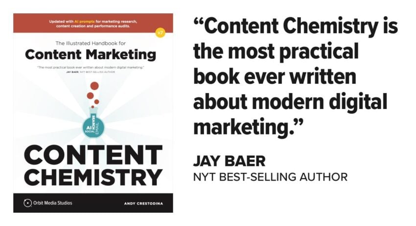 Book cover of "Content Chemistry" alongside a quote praising it as highly practical for modern digital marketing, attributed to Jay Baer, NYT best-selling author.