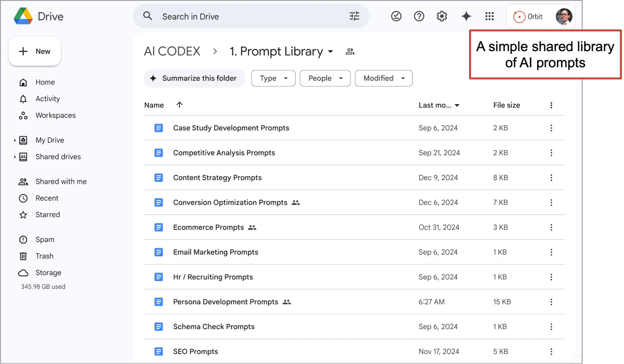 Screenshot of a Google Drive folder named "1. Prompt Library" containing various AI prompt documents with modification dates displayed.