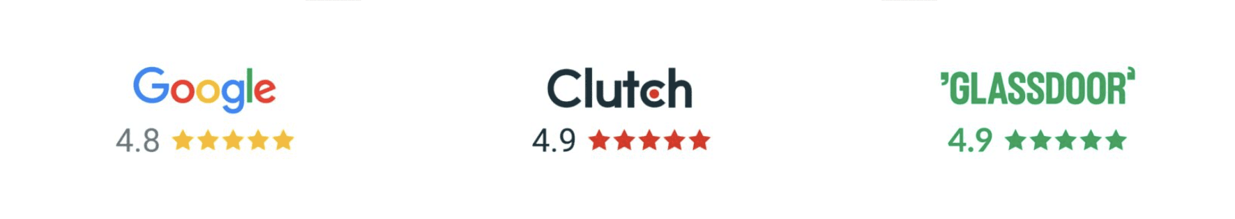 Ratings display: Google 4.8 stars, Clutch 4.9 stars, Glassdoor 4.9 stars.