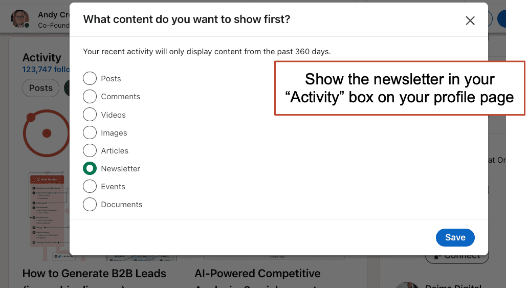 Pop-up menu with options to display recent activity: posts, comments, videos, images, articles, newsletter, events, documents. Text box highlights "Show the newsletter in your 'Activity' box.