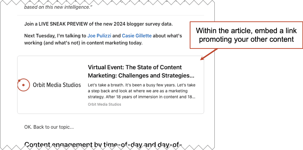 Screenshot of an email discussing a virtual event on content marketing by Orbit Media Studios, with a note on embedding links to promote other content.