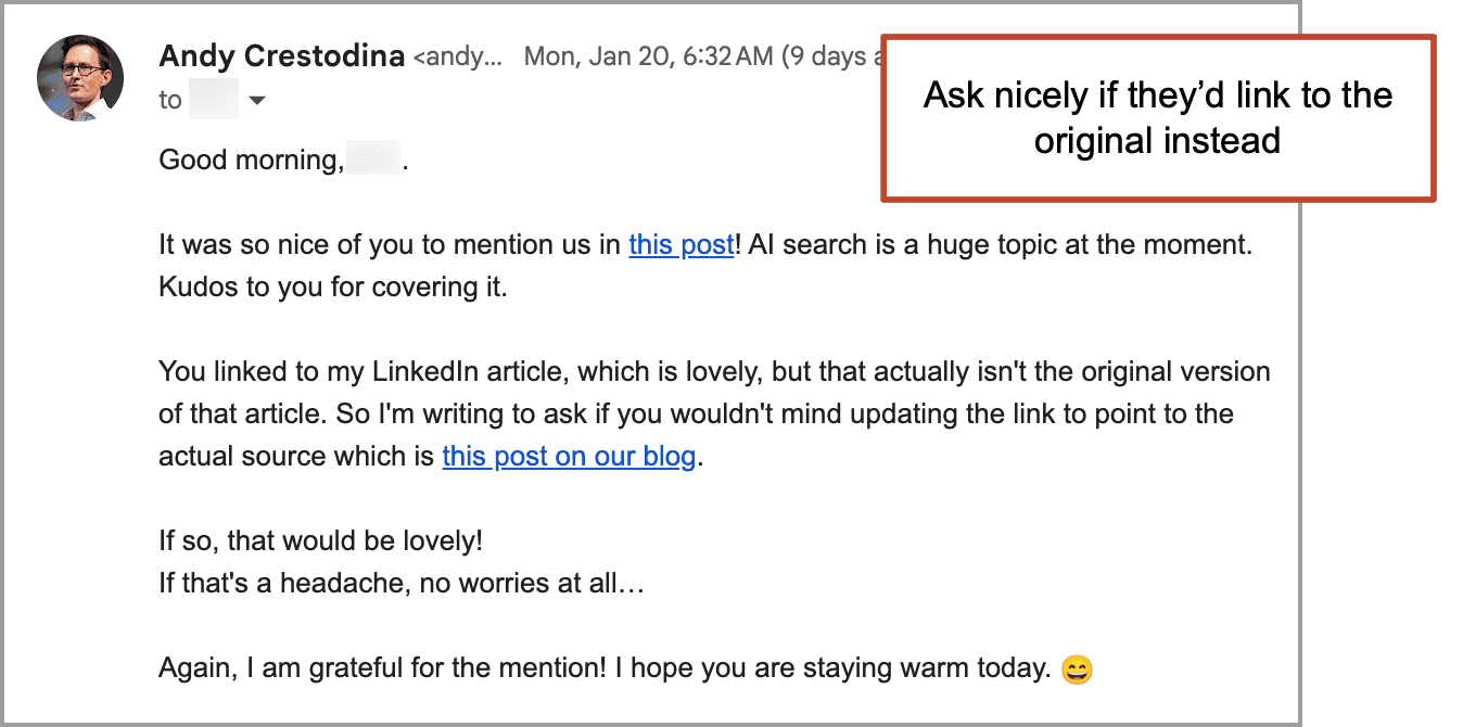 Email conversation with a request to update a link to the original source, accompanied by a suggestion to ask nicely for this change.