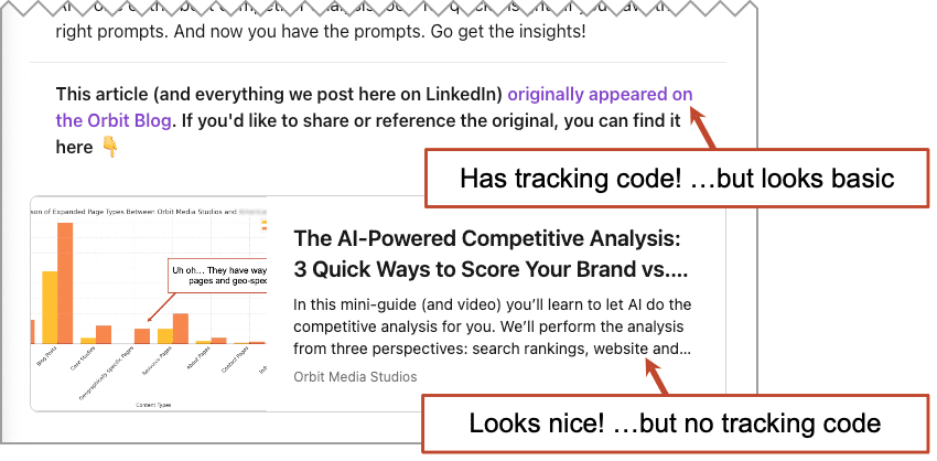 Screenshot showing a blog post excerpt with linked text in purple. Two annotations note tracking code presence and basic appearance, while a chart visual is discussed for aesthetics without tracking.