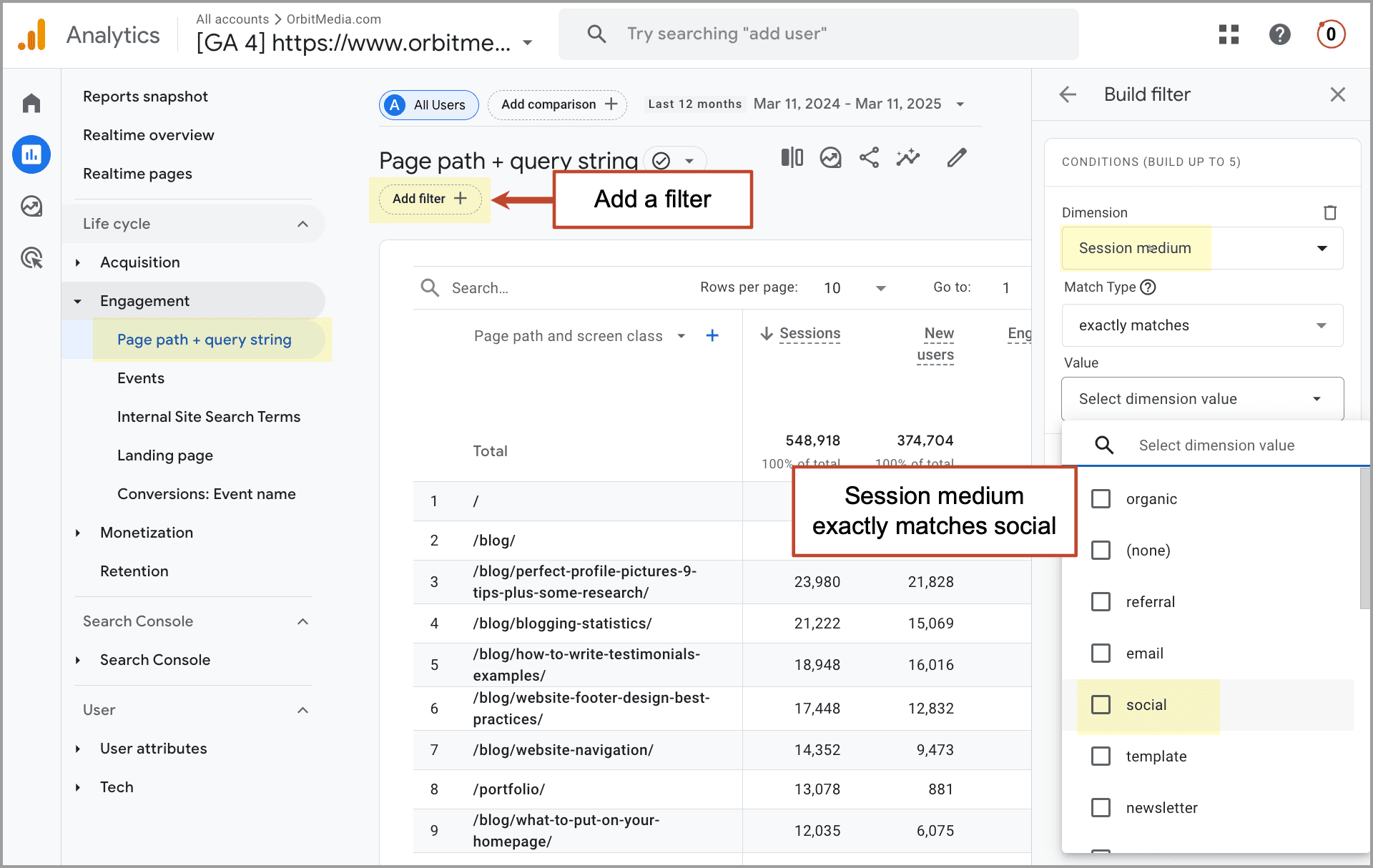 Google Analytics dashboard showing a detailed table of webpage paths and session metrics. Labels highlight adding a filter for 'Session medium' equal to 'social' with a dropdown menu on the right.