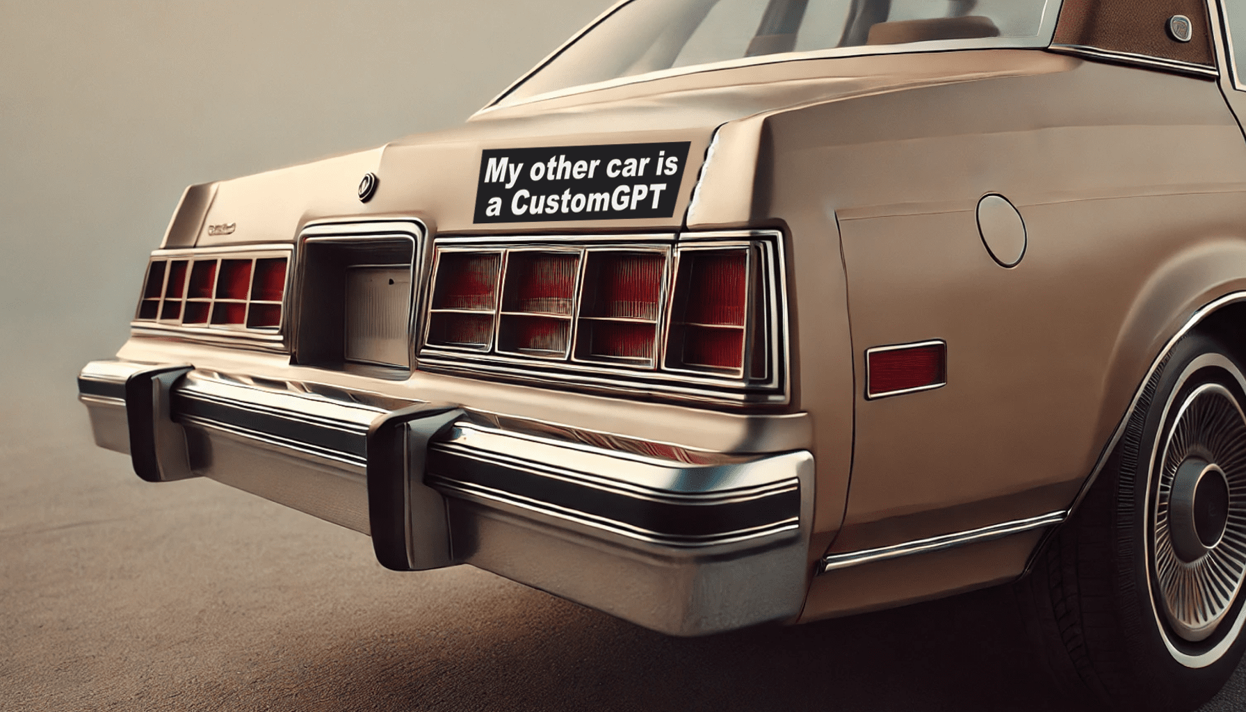 Rear view of a vintage beige car with a humorous bumper sticker that reads, "My other car is a CustomGPT.