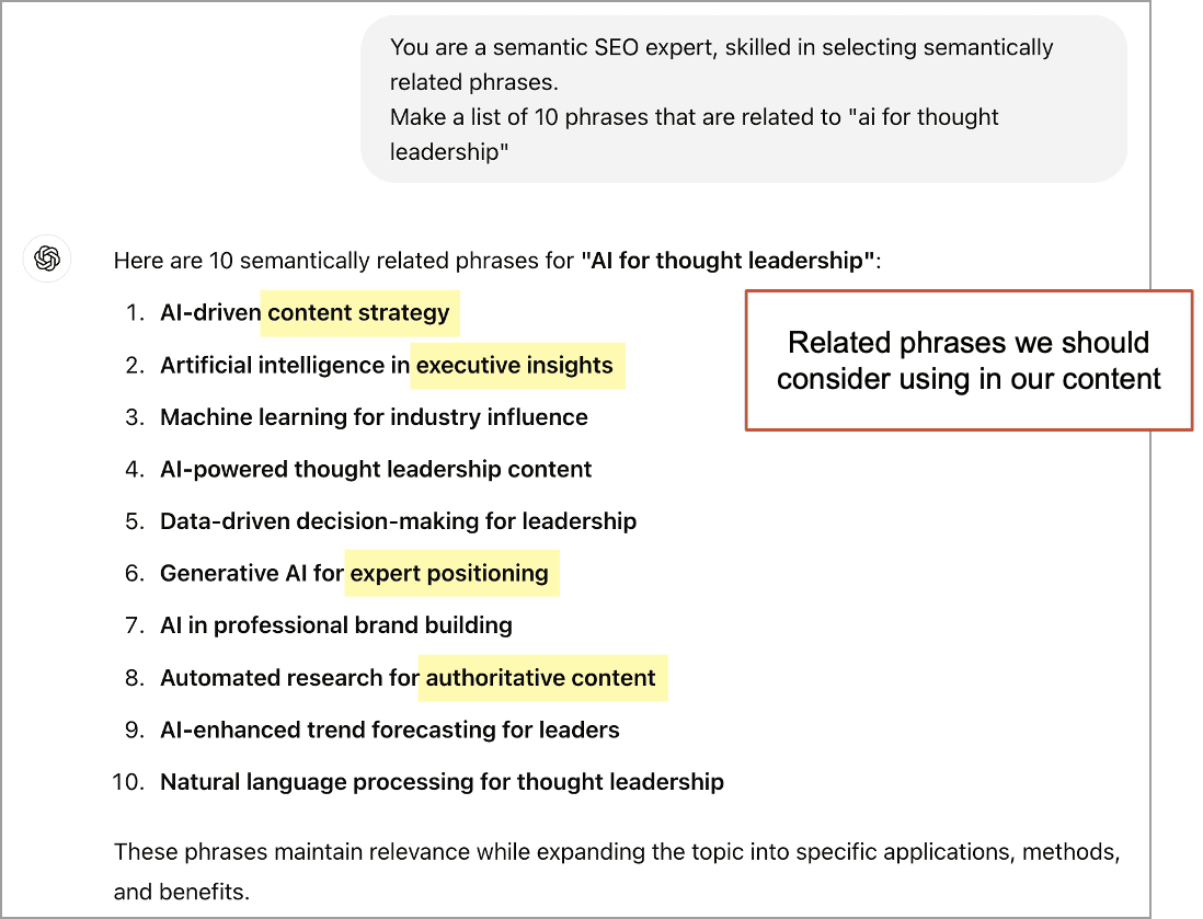 Highlighted text showing phrases for "AI for thought leadership," including AI-driven content strategy, executive insights, and authoritative content.