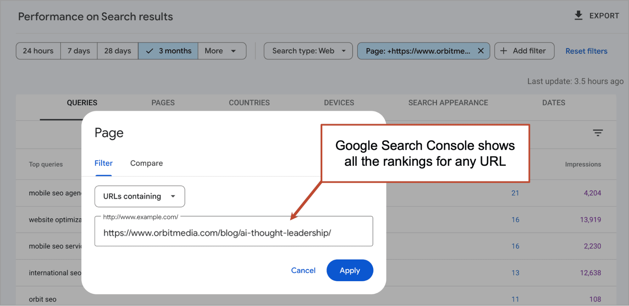 Screenshot of Google Search Console interface showing URL filtering options and search performance data table. A text box highlights how to view rankings for specific URLs.