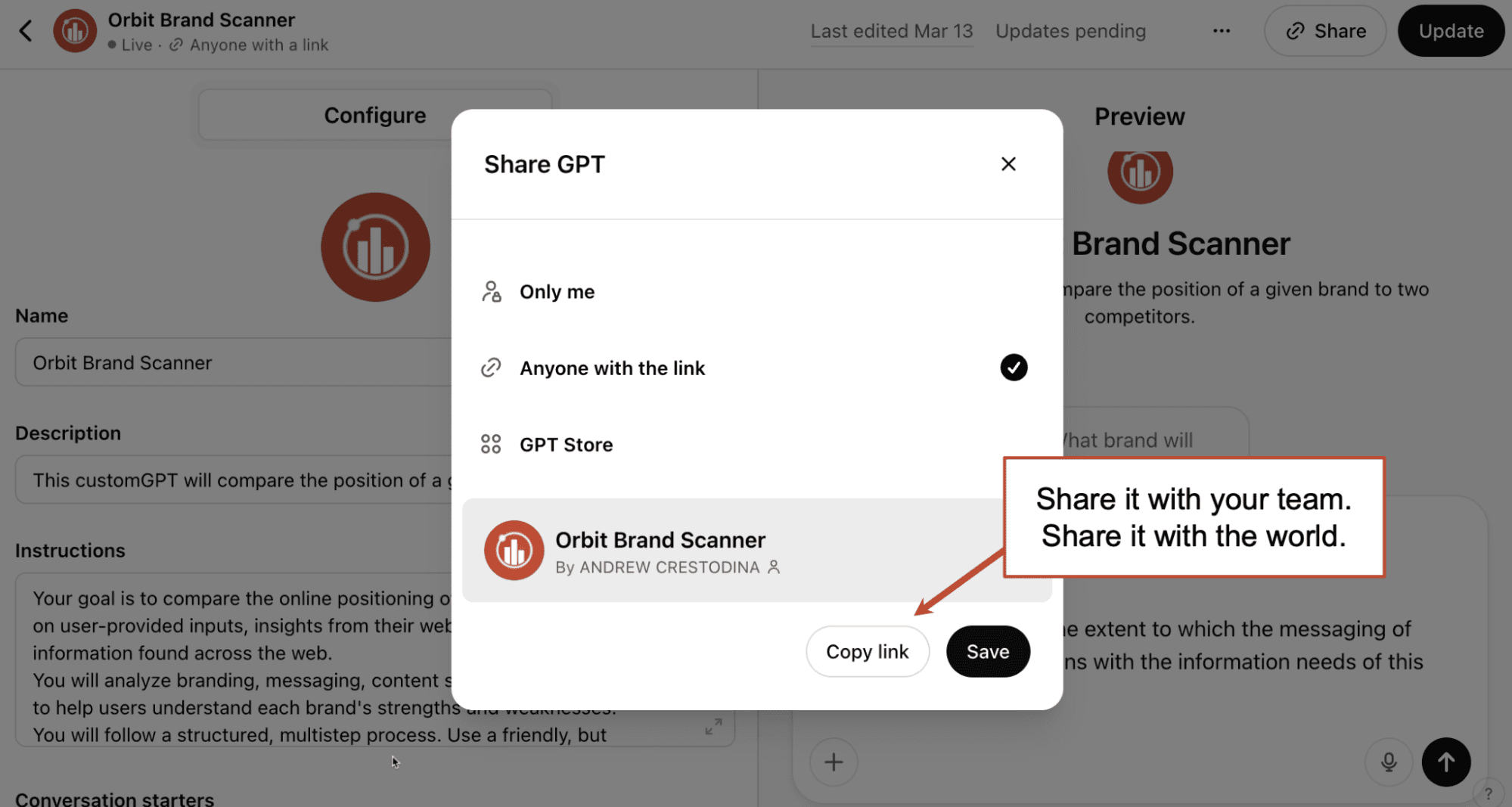 Popup window displaying sharing options for "Orbit Brand Scanner," with choices for sharing with anyone via link, or just with specific users. Buttons for copying link and saving are visible.