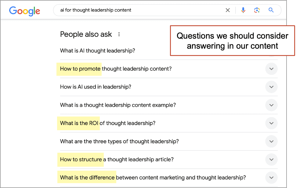 Screenshot of a Google search for "AI for thought leadership content," showing related questions like "How to promote thought leadership content?" and "What is the ROI of thought leadership?.