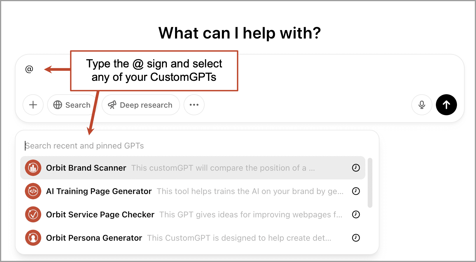 User interface for selecting a CustomGPT. Options include Orbit Brand Scanner, AI Training Page Creator, Orbit Service Page Checker, and Orbit Persona Generator.